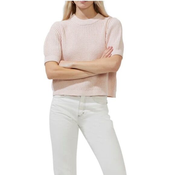 FRENCH CONNECTION Luna Short Sleeve Waffle Knit Sweater Pink, Large (10/12) NWT - Picture 1 of 13